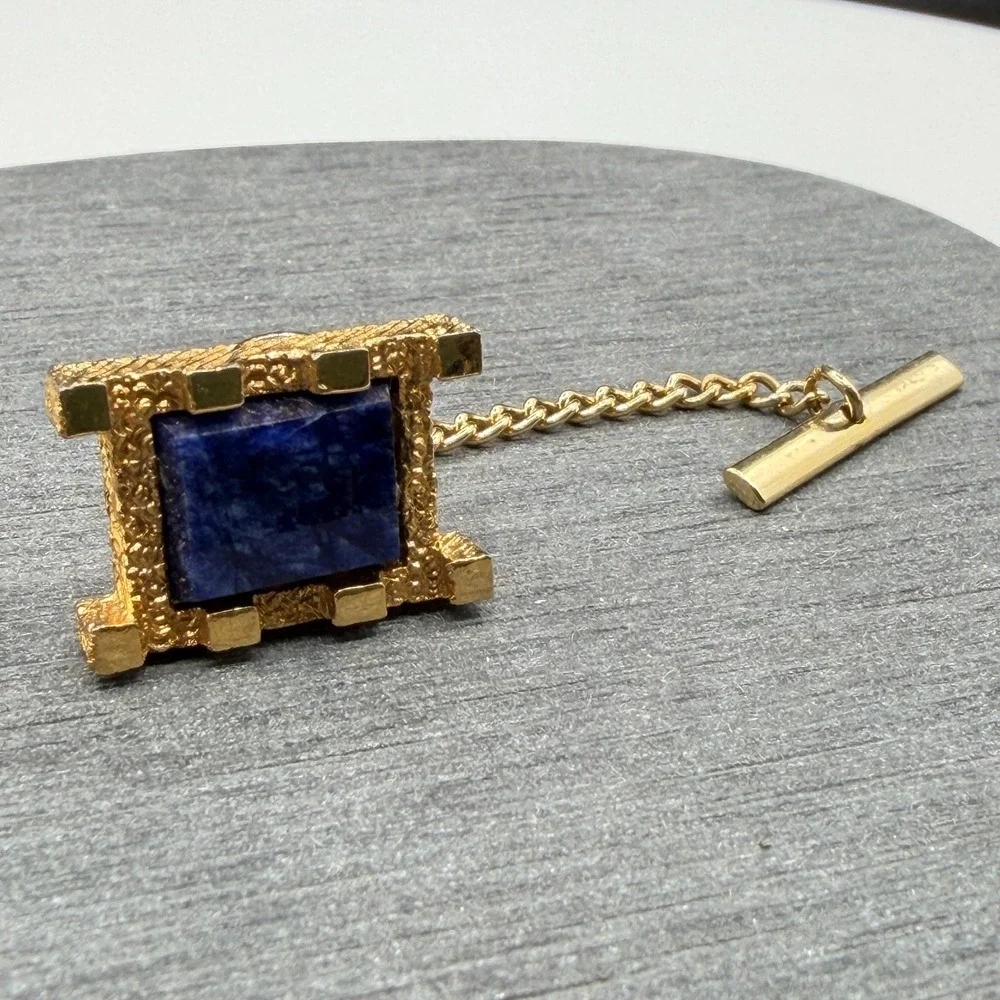 Gold Tone Blue Stone Tie Tack Lapel Pin Textured Square Chain Bar Gift for Him